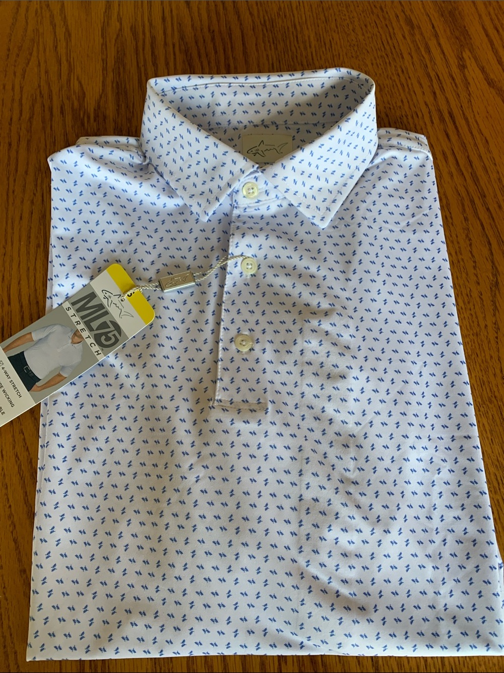 Greg Norman ML75 White Stretch Polo with Blue Micro-Print